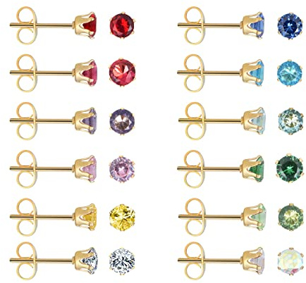 Lot de 12 paires de boucles d'oreilles à tige en acier inoxydable chirurgical plaqué or jaune 18 carats avec oxyde de zirconium 3 mm, 4 mm, 5 mm, 6 mm, Acier inoxydable, Zircone cubique