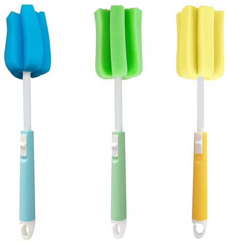 3PCS Adjustable Sponge Cleaning Brush Long Handle Bottle Scrubber Soft for Coffee Glasses Pot Milk Cup Mugs Winebottle Baby Narrow Neck Bottles Random Color