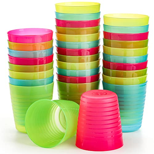 Dicunoy 32 Pack Reusable Plastic Cups for Kids, 8oz/240ml Unbreakable Small Drinking Cup, Colored Open Water Tumbler for Kids' Party, Juice, Kitchen, Hard Plastic Camping Cups