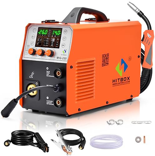 HITBOX 6 in 1 MIG Welder Gas/Gasless 250A 240V LED Digital MIG Welding Machine Flux Solid Wire MIG ARC Lift TIG Inverter Welders, Aluminum Weldable(MIG250)