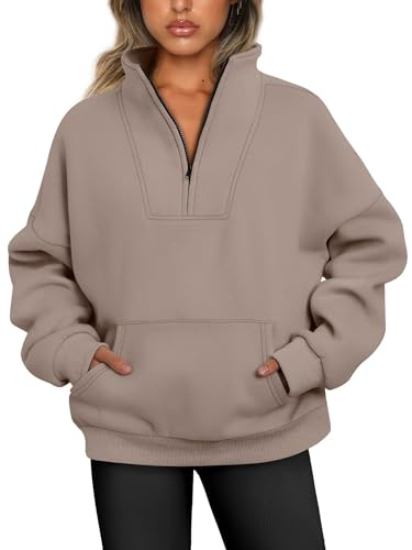 Jnsnjnr Women's Fleece Sweatshirt Winter Quarter Zip Pullover Activewear Long Sleeve Sweaters Light Brown