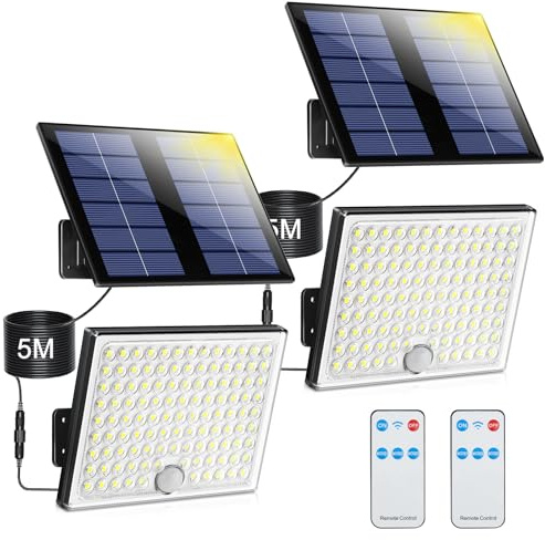 Faretto Led da Esterno Solare con Sensore di Movimento, Luce Solare Led Esterno con Telecomando, 2000mAh 3 Modes IP65 Impermeabile Lampada Solare da Esterno con Pannello Solare per Giardino, 2 Pezzi