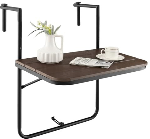 GYMAX Tavolino da Appendere al Balcone, Tavolino Sospeso Pieghevole e Regolabile in Altezza, Resistente alle Intemperie e Senza Ruggine per Ringhiere del Balcone, fino a 30 kg, 60×62,5×84 cm (Marrone)