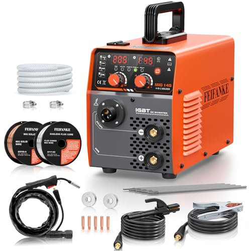 FEIFANKE Saldatrice MIG senza gas 240V 145A Saldatrice MIG MAG 4 in 1 senza gas MIG/MIG/MMA/Lift TIG Saldatrice Inverter Synergy IGBT adatto per acciaio al carbonio da 1,0-4,8 mm e ferro