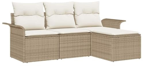 vidaXL Juego de Sofás de Jardín de 4 Piezas con Cojines Beiges y Blancos, Alas Ajustables, Diseño Modular para Asientos en el Patio, Muebles de Lounge Tejidos a Mano, Resistentes a la Intemperie y co