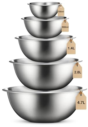 LOFERMA Set di 5 ciotole in acciaio inox, facili da impugnare, per cottura, insalata e preparazione di alimenti, 700 ml, 900 ml, 1,4 l, 2,8 l e 4,7 l (acciaio)