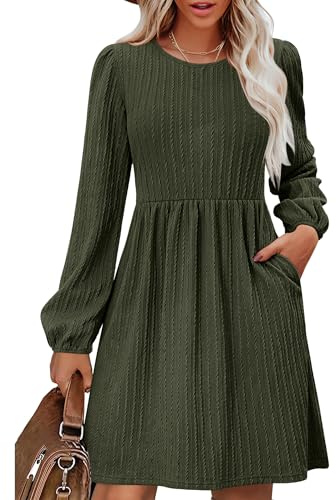 Zeagoo Damklänning, långärmad höstklänning, elegant, A-linje, vinterklänningar, rund hals, lös stickad klänning, knälång tunikaklänning med fickor, Armégrön, M