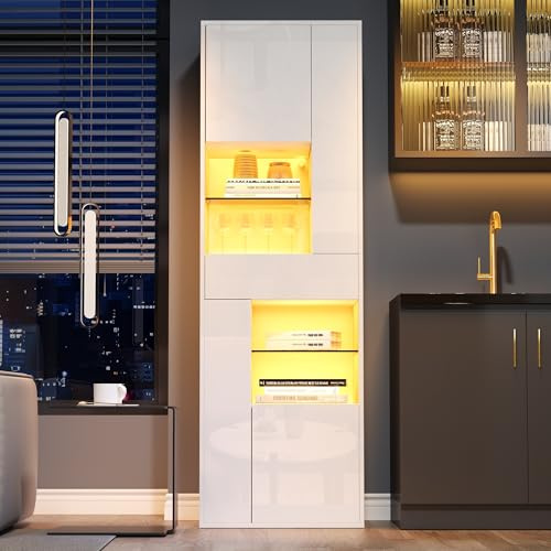 Kelodan Armadio Alto Vetrina in Vetro, 55 x 38 x 170 cm, 1 Cassetto e 4 Armadi, Vetrine con Illuminazione LED, Design Lucido, per Soggiorno, Bianco