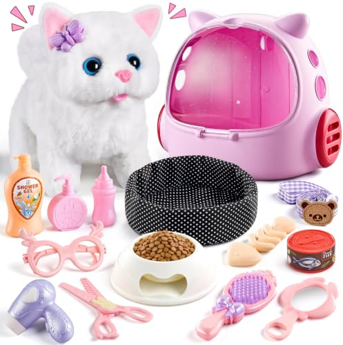 VEEVIFUN Jouet Chat Interactif pour Filles,Chat Robot avec Marche,Chat en Peluche Interactive aux Jouets Filles 4 5 6 Ans,Idéas de Cadeau d'anniversaire pour Les Filles âGéEs de 3 4 5 6 7 Ans