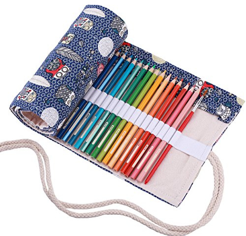 Amoyie Colouring Pencil Case 72 Slots, Roll Up Pen Holder, Pencil Wrap, Owl | Canvas Organiser Bag for Coloured Pen, Foldable Carrier for School, Outdoor, Artist Storage Bags, Large Capacity