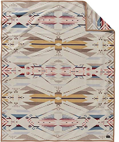 Pendleton Jacquard Unnapped Twin Blanket 64 x 80 - Heirloom Quality Virgin Wool, Reversible, Reinforced Ultrasuede Binding, Made in USA - White Sands Tan