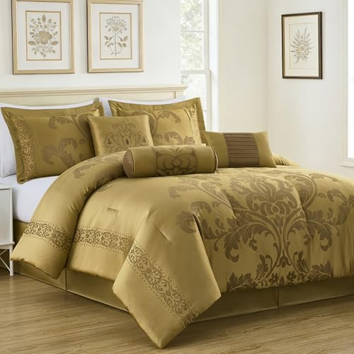 Chezmoi Collection 7-Piece Jacquard Floral Comforter Set (California King, Gold)
