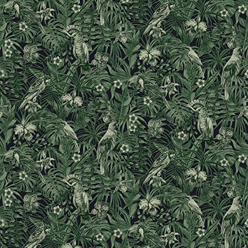A.S. Création Papier Peint Intissé Greenery Effet Jungle Avec Oiseaux - Vert et Noir - 10,05 m x 0,53 m - 372101 37210-1