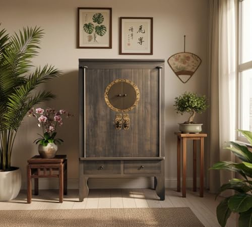 OPIUM OUTLET Armario de boda chino China Asia Oriental Vintage Shabby Chic Armario madera maciza 2 puertas 2 cajones (gris)