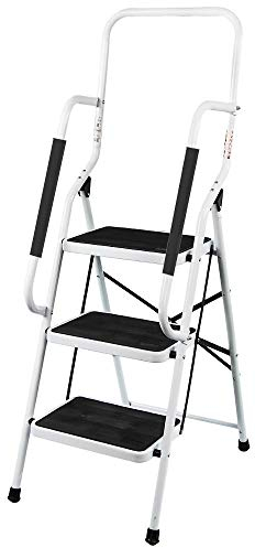 Scala pieghevole a 3 gradini con corrimano, in acciaio, portata fino a 150 kg, dotata di tappetini antiscivolo, adatta per casa, ufficio, cucina