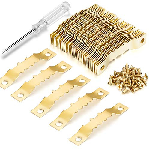 YHYZ Sawtooth Picture Frame Hangers Set with Screws, Sawtooth Photo Frames Holder + Screw + Screwdriver, for Painting Photos Artwork Clock Home Decoration (Gold (50 Sets))