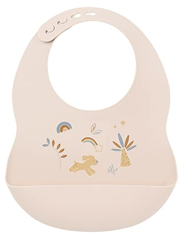 Nattou Babero de silicona con bandeja de recogida, Con estampado de arcoíris, Tamaño ajustable, Sin BPA, Aprox. 20 x 27 cm, Silicona, Beige