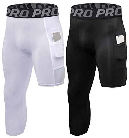 2 Pack Mens One Leg Compression Tights for Basketball 3/4 Compression Pants Men for Running Leggings Athletic Base Layer