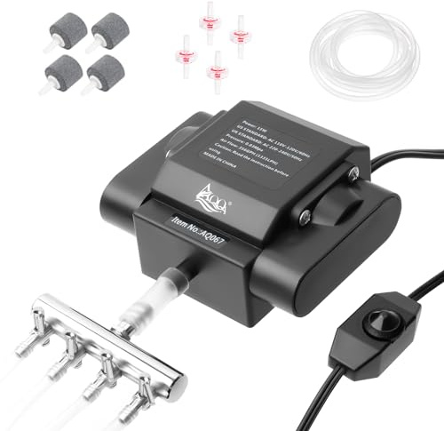 AQQA Powerful Aquarium Air Pump Adjustable Fish Oxygen Aerator Pump for Basement Aquarium Ponds Hydroponic 4 Outlets Commercial Air Pump Bubbler with Accessories for Fish Tank Up to 600Gal(10W,237GPH)
