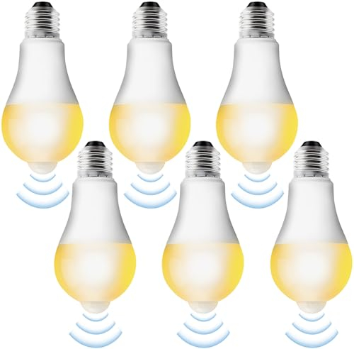 Pack de 6 Bombillas LED E27 Con Sensor de Movimiento y Luz: Lámpara PIR 12W Blanco Cálido 3000K, Ahorro de Energía Para Pasillo, Garaje, Escaleras, Balcón