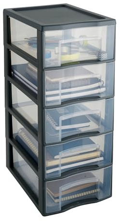 SUNDIS Tag Tower, schubladenbox aus Kunststoff, grau, 5 transparente Schubladen im A4-Papierformat, Höhe 61 cm, ideal zur Aufbewahrung von Büchern, Kursen, Dokumenten, Zubehör