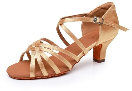 Rosefinch Latin Dance Shoes for Women Ballroom Party Dance Practice Performance Shoes Suitable for Latin, Salsa, Tango, Rumba, Cha Cha 5cm Heel, Beige 4'