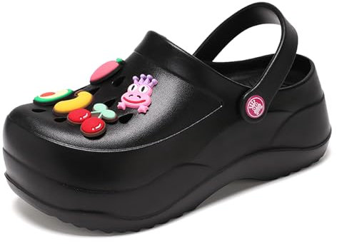 Zuecos de plataforma jardinero 2.5 pulgadas tacones altos mulas verano zueco deslizamiento en cuña sandalias zapatillas al aire libre, Negro , 36 EU
