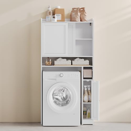 VASAGLE Toilettenregal, Badezimmerregal mit Schiebetür, verstellbare Ablagen, platzsparend, geeignet für die meisten Toiletten, modern, 25 x 83 x 170 cm, wolkenweiß BTS018W01