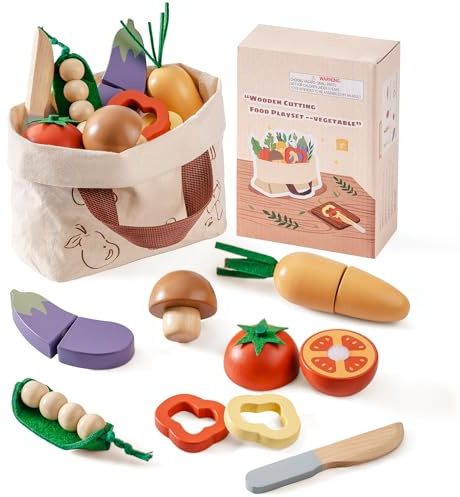 ROBOTIME Wooden Play Food Cutting Vegetable Set, Pretend Play Toy Food for Play Kitchen with Shopping Bag – Kids Kitchen Accessories, Wooden Veggie Toys for Boys & Girls