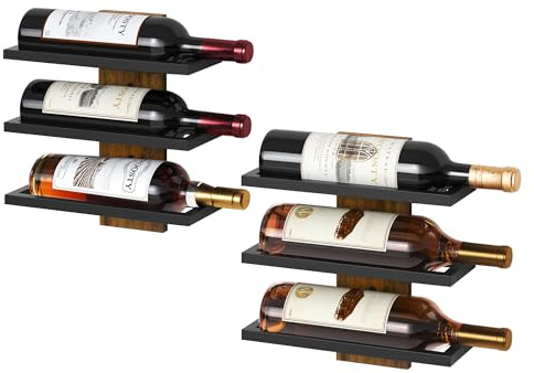 FAVOOSTY Portabottiglie da Parete per 6 bottiglie,in legno,Portabottiglie da Appendere, per cucina, Sala da Pranzo, Camera da Letto, Cantina, bar (2 set)