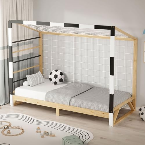 ML-Design Cama Infantil 90 x 200 cm con Portería de Fútbol y Escalera de Trepar, Cuna Individual de Madera de Pino para Niño con Somier de Láminas y Red Litera Maciza Juvenil Puerta de Juego y Deporte