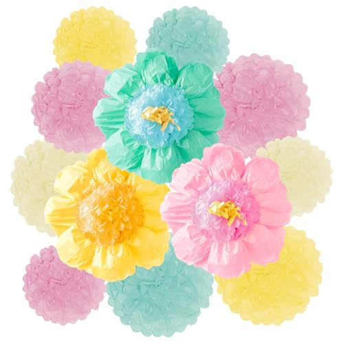 KASESSS 12 Piezas Verde Rosa Flores de Papel Decorativas, Decoracion Cumpleaños, Pompones Papel Seda, Decoracion Fiesta Pompones de Papels para Cumpleaños, Festivales, Bodas, Bautizos, Amarillo Beige