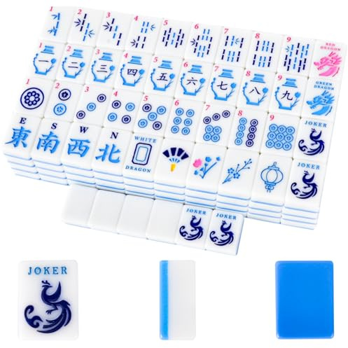 American Mahjong Tile(Only Tiles), 166 Quality Engraved Tiles Blue Backboard, 1.2 inch American Mahjong Game with Carrying Bag/Dice/Chips, Creative Design Patterns, Ideal Mahjong Gifts (No Rack)