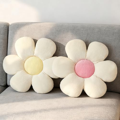 GOEDCH florCojín: 2 unidades de cojines de suelo de flores blancas, cojín de decoración de felpa en forma de flor, cojín de 40 cm, cojín de pétalos para sofá, silla, lindo cojín de felpa de flores
