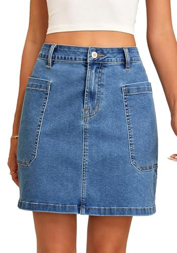 Sidefeel Women's Jean Skirt High Waisted Stretchy Casual Denim Above Knee Skirts with Patch Pockets Light Blue Medium