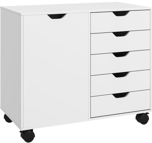 HOMCOM Armadietto per Documenti con 5 Cassetti 78x40x66.5 cm Bianco | Armadio da Ufficio con Ripiano Regolabile, Mobiletto Multiuso Portaoggetti con Ruote, per Casa Ufficio Cameretta