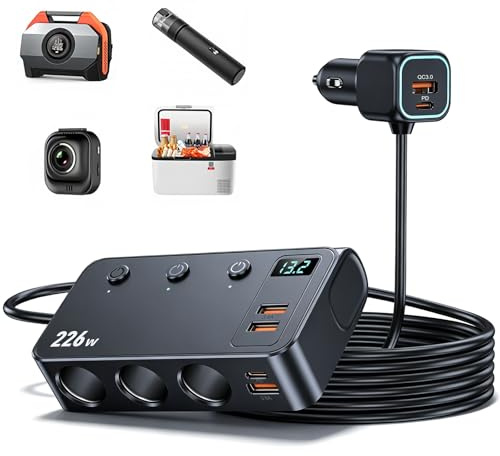 Car Charger Cigarette Lighter Distributor, 9-in-1 Car Charger Cigarette Lighter with 3 Sockets, Dual PD USB-C and 4 USB Ports, LED Voltage Display for 12V-24V Vehicles