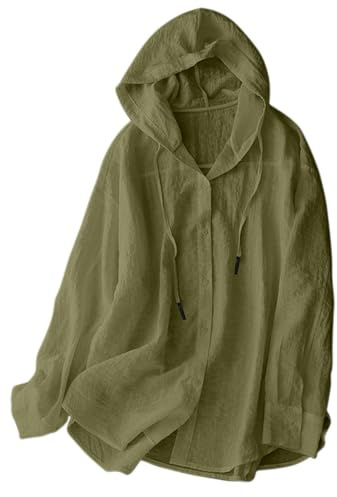 Camisas de lino y algodón con protección solar para mujer, sudadera con capucha de gran tamaño, casual, holgada, de manga larga, con botones, con capucha, para verano, playa, ligera, chaquetas