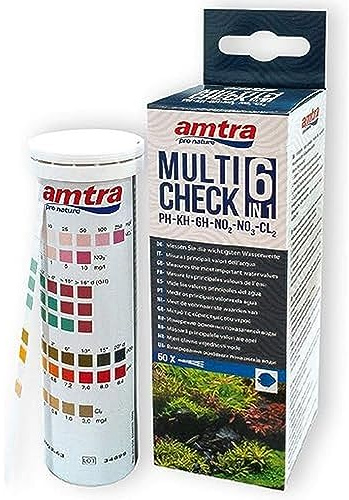 Amtra Multicheck 6 in 1-50 Strisce di Test per Acquari, Controllo Facile e Veloce della qualità dell'Acqua, PH KH GH NO2 NO3 Cl2, con Scala di Riferimento