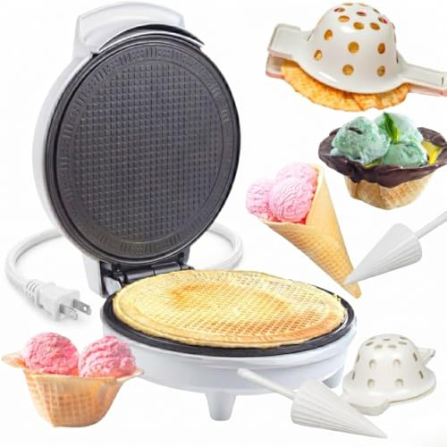 Waffle Cone & Ice Cream Bowl Maker- Cup Press & Shaper Roller- 8 PFAS Free Plates, Electric Non-stick Waffler Iron Machine- DIY Homemade Dessert Treats, Summer Sundae Bar Kitchen Appliance or Gift
