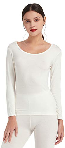 Mcilia Women's Ultrathin Modal Thermal Baselayer Top Scoop Neck Long Sleeve Undershirt Off-White Medium (UK Size 12 14)