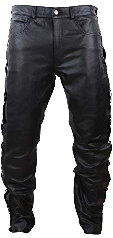 Mens Real Leather Biker Jeans Laced Tassel Western Cowboy Riding Pants Trousers - Black 30