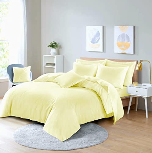 HOMES-LINEN Easy Care Poly-cotton Plain Dyed Duvet Cover Set (Lemon, Double)