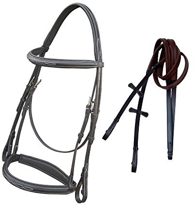 Exion Comfort Lined Crown Piece Designer Fancy Stitched Square Raised Browband and Both Side Adjustable Buckle Noseband Jumping Bridle with Rubber Reins | Royal Hunter Bridle |Horse English Bridle