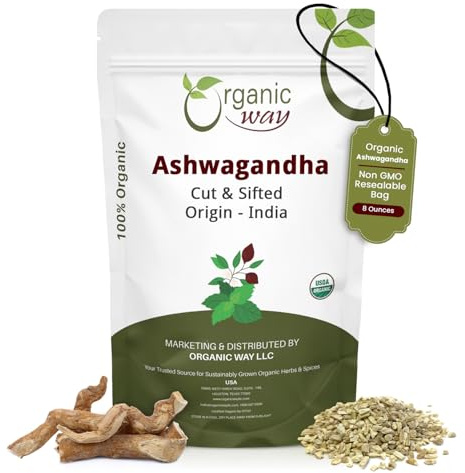 Organic Way Ashwagandha Root Cut & Sifted (Withania Somnifera) - Organic & Kosher Certified | Vegan, Non GMO & Gluten Free | USDA Certified | Origin - India (1/2LBS / 8Oz.)