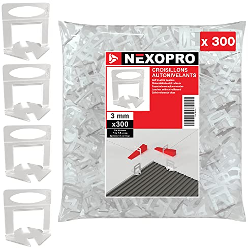 NEXOPRO™ – Fliesen Nivelliersystem Kit – 300 Klammern/Fugenkreuze (3 mm) –Selbstnivelliersystem für die Fliesenverlegung – Einfach zu verwenden – Professionelle Ergebnisse – Boden & Wand