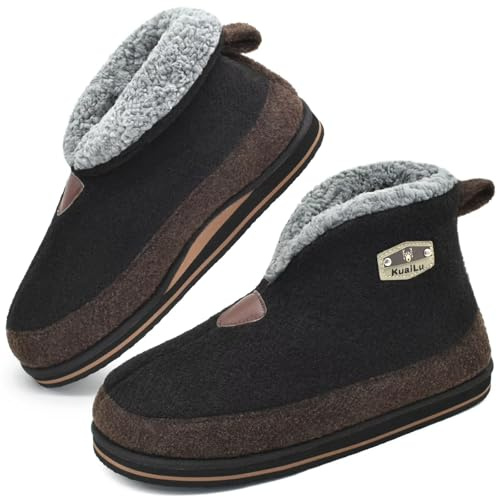 KuaiLu Zapatillas Casa Bota Hombre Invierno Fieltro Cerradas Babuchas Caballero Caliente Peluche Lana Piel Pantuflas Botines Comoda Memory Foam Slippers Antideslizante Goma Suela Negro 44
