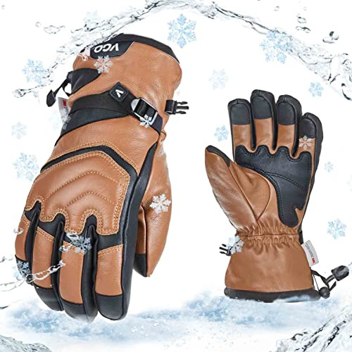 Vgo... Gants de ski en vache pour hommes, gants de neige, gants d'extérieur, imperméable, 3M thinsulate 30 ℃ / - 22 ° f ou plus (CA2468FW,Marron,M,1Paire)