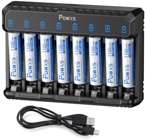 POWXS Akku Ladegerät mit AAA Akku 1100mAh 8 Stück, 8-Ladeplatz Universal Batterie Ladegerät mit LED Anzeige für NI-MH NI-CD Lithium Batterien,8 Wiederaufladbare Akkus AAA USB & Typ-C Eingang