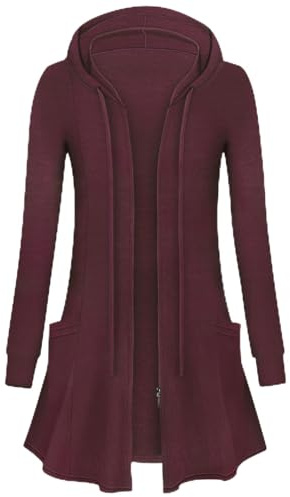 Flikity Hooded Cardigan Women, Long Zip Up Hoodies for Women UK Long Sleeve Tunic Tops Ladies Casual Jackets Work Lightweight Cardigan Womens Spring Summer Autumn Clothes Red M